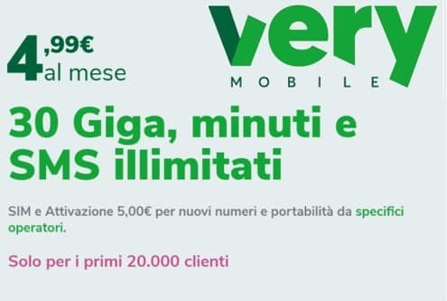 Very Mobile: 30 Giga minuti e SMS illimitati a 4,99 euro
