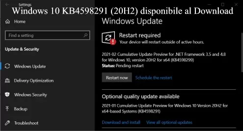 Windows 10 KB4598291 (20H2) disponibile al Download