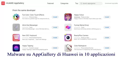 Malware su AppGallery di Huawei in 10 applicazioni