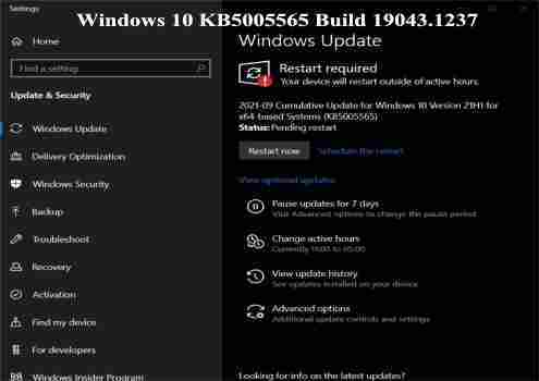 Windows 10 KB5005565 Build 19043.1237 Update Disponibile